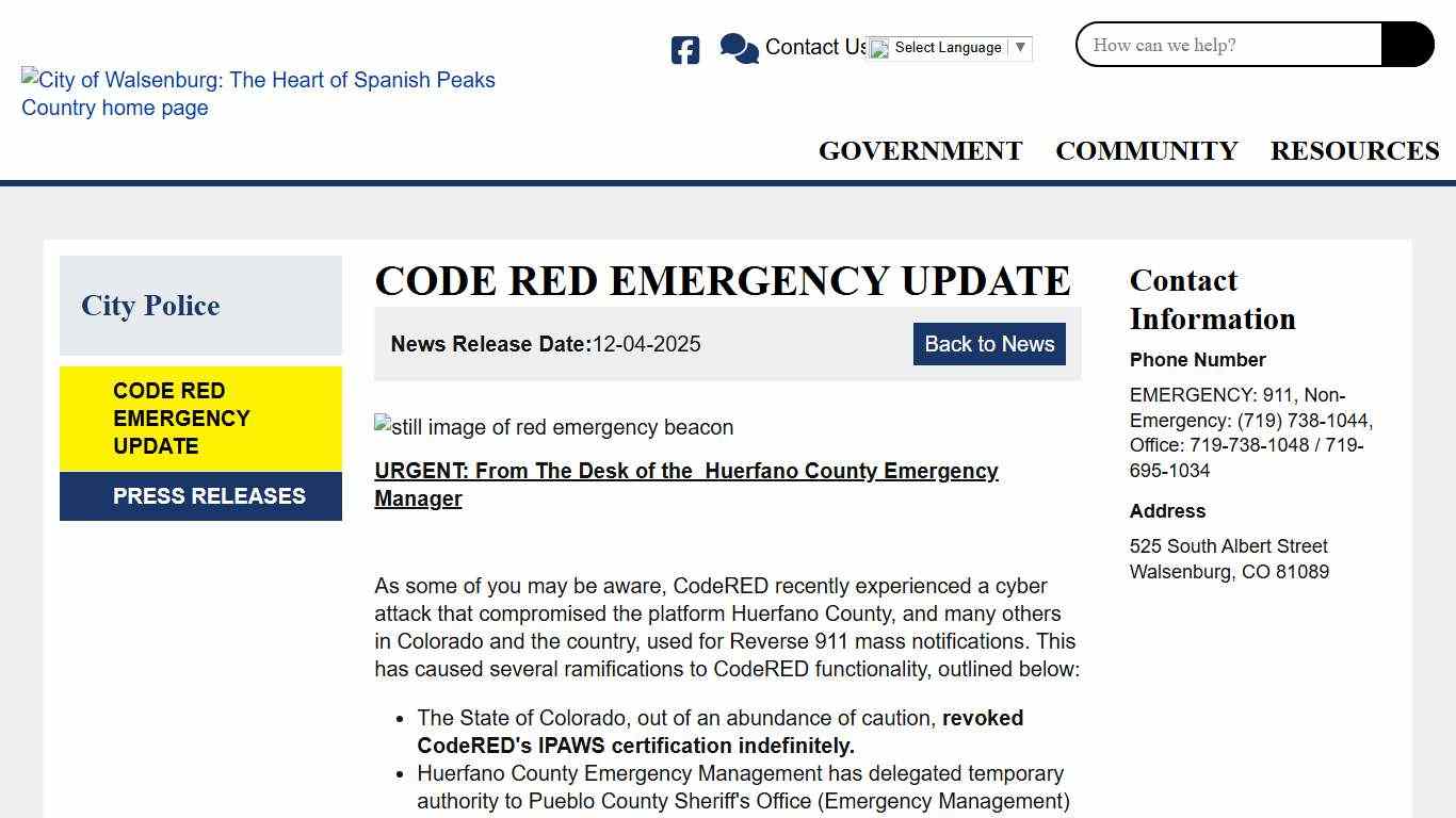 CODE RED EMERGENCY UPDATE Walsenburg CO